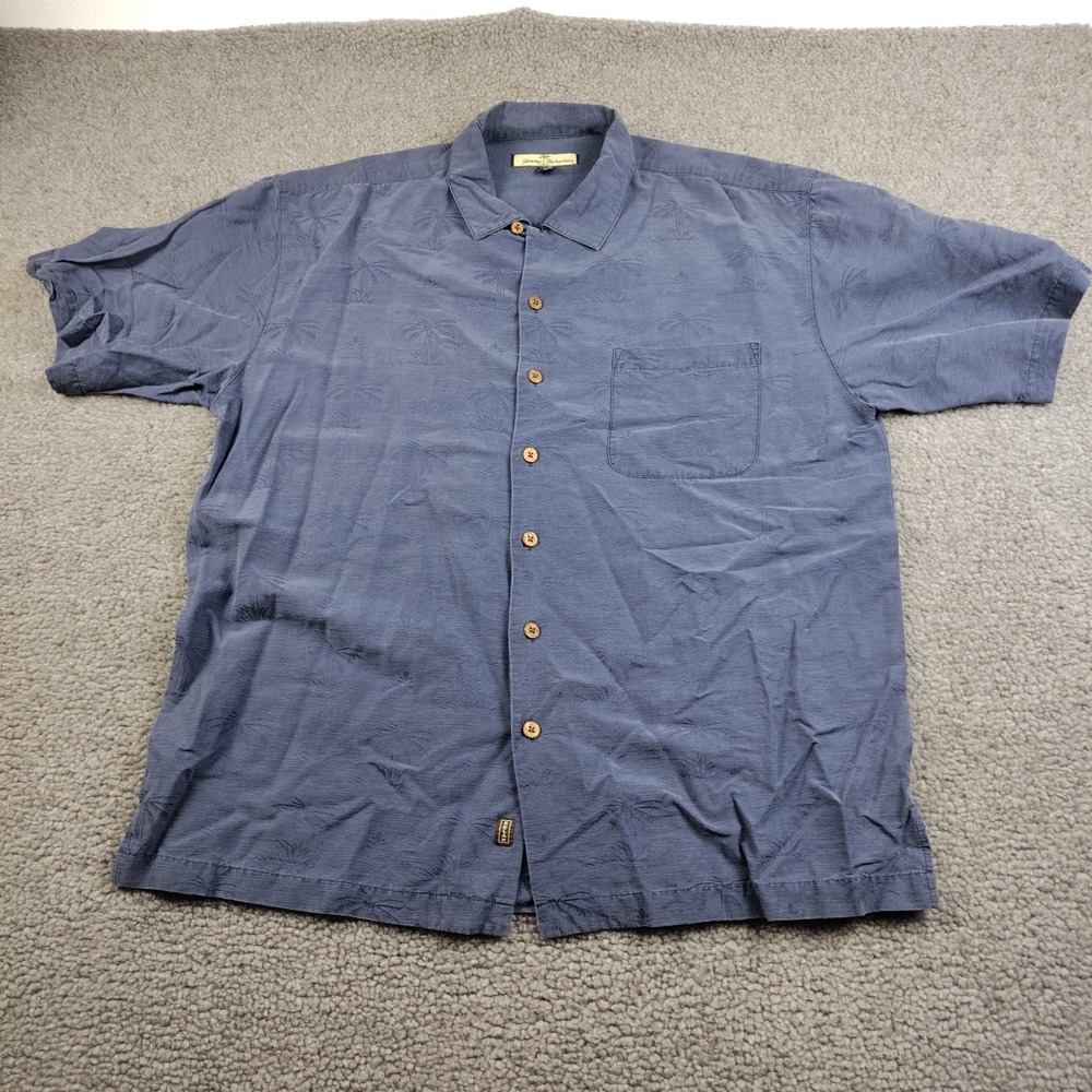 Tommy Bahama Silk Hawaiian Button Up Shirt Mens XL Blue Palm Tree Embroider